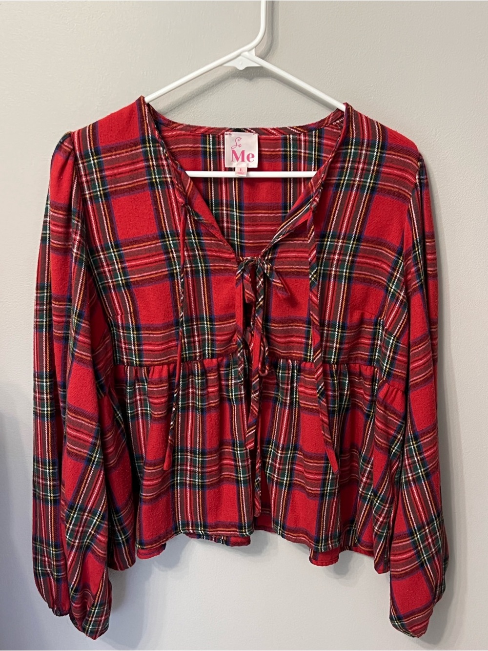 So Me Red Plaid Tie-Front Peasant Blouse